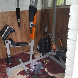 Selling my multi gym due to room needed! Good condition, hardly been used, slight tear in one of the arms but can be glued so it will be ok, slight dent in the leather but will go away with use and there is a slight tear in one of the stickers! Also giving some dumbbell weights and plates to go with it too for the slight damages on the gym! Great peice of kit! Worth alot of money. Pick up only. Thanks