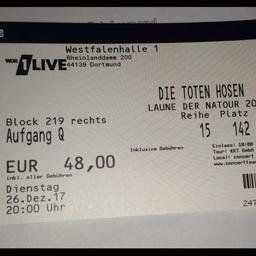1 Ticket für das heissbegehrte Weihnachtskonzert der Toten Hosen am 26.12.17 in der Dortmunder Westfalen Halle abzugeben !!!
Versand möglich !!!