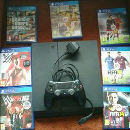 Ps4 in full working order comes with 1 ps4 controller and 7 games.

Fifa 14
Fifa 15
Fifa 16
Fifa 17
Grand theft auto 5
W2k15
W2k15

All games work perfectly

Text Drew on 07787145951