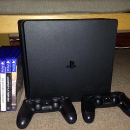 PlayStation 4 500gb slim in perfect condition with dualshock 4 v2 also perfect condition anther dualshock 4 in used but working condition comes with with hdmi power cable and charge cable comes with 5 games uncharted 4 battlefield1 witcher 3 fallout 4 call of duty black ops 3 any questions just ask thanks.