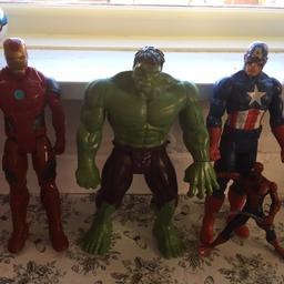 3 action figures in good condition hulk, iron man, captain America. Found a little Spider-Man if also wanted. Collection Benton lodge