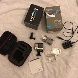 GoPro Hero 4 Silver touch screen with all standard accessories and in great condition.

Comes complete with:

Camera

Waterproof and non waterproof casing

Changeable Skelton and touch screen backdoors (still in original packaging)

Rechargeable batteries x 4 and battery charging pod

Charging cable

Brackets

Unused curved and flat adhesive mounts (still in original packaging)

Portable camera and accessory case, great for travelling.

Hardly used so in very good condition and works perfectly