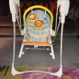 This is a wonderful and sturdy baby swing that has only been used twice so is in ammaculate condition:

- 6 swing speed
- 16 songs
- removable toy bar
- suitable for feeding, napping or play
- also becomes a rocking chair for children up to the age of 3.

The stand collapses with a push of a button so can be stored away neatly.

x4 D batteries INCLUDED and will have lots of life let as such little use.

Smoke free home. Collection preferred but will consider delivery depending on location.