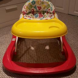 This baby Walker includes a play tray which is in excellent condition. Bright colours work for both girl or boy. My girls loved it as it is a bit bouncy too. It's good for snacking on the go as the play tray comes off!