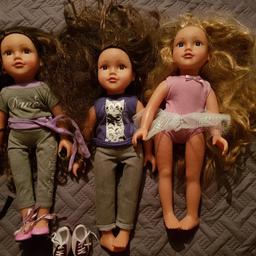 3 designer friend dolls, with hair dresser trolley. Hardly played with. Dolls hair has become knotty in places due to storage. Will need a good brush! Lovely dolls, hair dressing set in Argos now at £19.99!