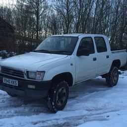 Well used hilux, starts every time like a dream- mechanically sound. Been great in the snow with amazing 4 wheel drive.
Few last bits need doing on it but I'm not going to do it. Very reasonable price, don't offer export prices because I'm not interested. Priced to sell

123k miles
Mot end of Jan

New batteries,
Cam belt
Fuel tank
Fuel sender
Load liner
Starter motor
Tailgate front brakes
Power steering belt
Alternator
Front shocks
All done recently and only 2k miles done in it