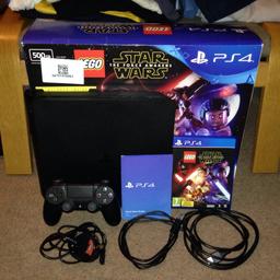 PlayStation 4 500 gb in immaculate condition with a like new dualshock 4 v2 controller a power cable, hdmi cable and charger cable comes with lego Star Wars the force awakens and original box with manuals would make an excellent xmas present any question just ask thanks.