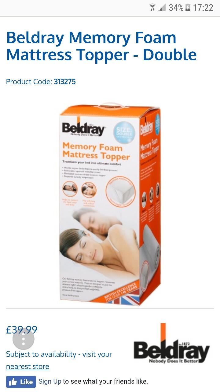 Beldray Memory Foam Mattress Topper Double in UB6 London for £25.00 for
