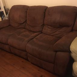 Brushed leather 3 seater reclining sofa fully functional. Available to pick up immediately Leytonstone, London. The sofa is from a pet free and a none smoking home. 
Email me to arrange a viewing. 
Dimensions: 
L 220 X W 11O X H 94 cm