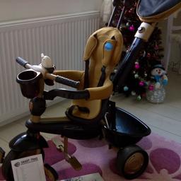 The charmingly styled black and gold SmarTrike steers fantastically with touch steering technology. This tricycle is not only great fun but grows with the child from 10 to 36 months. It features an extra padded seat, removable parent handle bar as well as a toy phone, bottle holder, full back support and detachable sunshade.