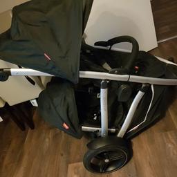 Great buggy still in perfect condition. Hardly used. Many different riding options and it can carry 2 children from birth to 6 years old. Folds with double attached. Car seat can be used on top or bottom. Easy to monuvere. Stop button on handle bar is very handy. Includes double rain cover and car seat adaptor.