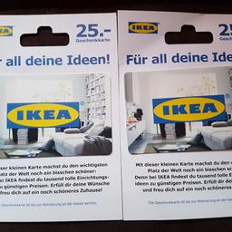 Ich verkaufe 2 Ikea Gutschein jeweils im Wert von 25 €. Einen erhalten Sie für 20 €, beide für 40€. Nur Abholung möglich. Gültig sind sie bis Mitte 2018.