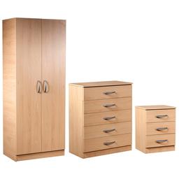 Specifications: 
- Brand New 
- Silver Handles 
- MDF/Chipwood Matt Effect 
- Made in the UK 
- Fully Assembled prior to delivery 
- Colours: Beech, White, Oak and Dark Brown 

Dimensions: 
Wardrobe: H183cm, W76cm, D45cm 
Chest: H89cm, W70cm, D36cm 
Bedside: H57cm, W41.5cm, D35cm 

PRICES:
Bedside £50
Chest of Drawers £70
2 Door Wardrobe £80
Complete Set £179

TO ENQUIRE OR ORDER: Call or Text on Mob: 07803544487