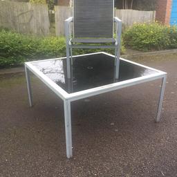 Weather worn but still stunning box aluminium with smoke glass top
Top quality winter bargain really heavy set table is54 inches square
Delivery available for fee