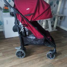 Joie brisk stroller baught from mothercare RRP £150 in berry red reclines. Has original rain cover. Has extendable hood as you can see in photos. Just noticed a small tear in basket attached photo doesn't effect use. Brilliant stroller.