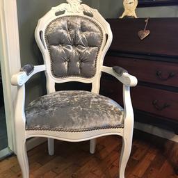 Upholstered French Louis Style Chair. Completed in white satin paint with crushed grey velvet. Diamanté buttons. Silver pin detail to finish.
COLLECTION ME2 2YD