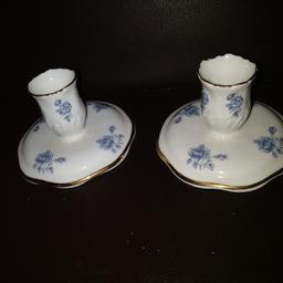 Pair of blue floral bone china candle holders vgc