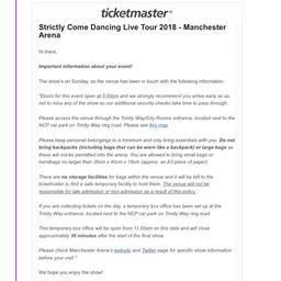 Two strictly tour tickets for Manchester Arena TONIGHT check in at 5pm 
Excellent seats cost £120 ......reduced for quick sale
