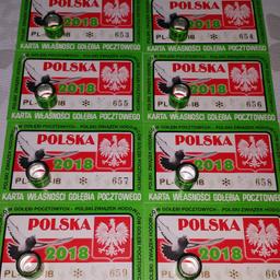 Ich verkaufe hier 10 Brieftraubenringe mit Eigentumsausweis aus Polen für das Jahr 2018.

 Es gibt Nr. von 651--700 und 13401--13500

 Ringe und Karten sind neu

 Das ist ein Privatverkauf deshalb keine Garantie und keine Rücknahme