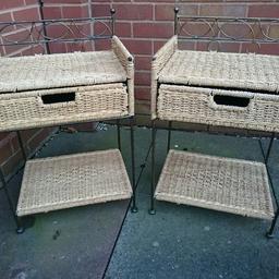 Cast Iron and Wicker tables for sale. Dimensions are :
720mm high at back 
630mm high at side 
570mm high at front
460mm wide
360mm Deep

£30 for the pair.
Can deliver for a small fee depending on location.
