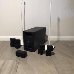 5.1 System Comprising of:
• 1 x Bose PS28 Subwoofer-Black
• 4 x Bose Acoustimass Cube Speakers-Black
• 1 x Bose Acoustimass Horizontal Centre
 Speaker-Black
• Bose Front Speaker Cables (L/C/R)-Black
• Bose Rear Speaker Cables (L/R)-Black
• 2 x Front Speaker Stands-White
Excellent condition & perfect working order. Boxed and in original packaging. Recent upgrade forces sale.buyer will have to collect.