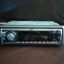 JVC drop down, flip front, cd, radio, with carry case, usb and aux connections. Colour selection screen.