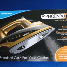 I only have a few left of these Phoenix Gold Continuous Steam Irons. They are catalogue returns from a very well known high street catalogue company. Often returned because of a very minor scratch or blemish. All have been tested and work great. Current Argos price is £39.99 my asking price is only half that. Cash on collection. Sorry but I am not accepting offers below £20
