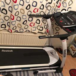 Reebok z7 run treadmill. Hardly used,excellent condition like new. Shows calories burnt.time distance,speed.It has a numbers for speed, different levels/types of fitness, manual, weights loss, warm up, aerobic, mountain climbing. Pulse monitor.Safety clip. Selling for £200