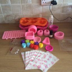 Moulds been using for soap making but can be used for wax melts etc. £20. 
11 cupcake 
2 baby shape 
1 dress 
2 skull
1 large owl 
1 large round circle with roses round the outside
9 single roses 
1 small flower 
6 square 100% handmade 
6 large snowflake mould 
6 large heart mould 
55 mini hearts mould 
50ml bottle Alien fragrance oil less than half bottle used 
10ml bottle lavender oil. 
Large snowflake plastic mould 
Large snowman plastic mould 
2x small Santa plastic moulds 
43 small flower p