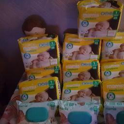 Mamia nappies newborn size 1 4 to 11lbs 

Three packs of wipes .

All new sadly babys grow so fast so outgrown
