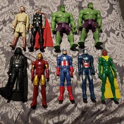 Avenger assemble action figures
Thor
Hulk x 2
Iron man
Vision
Captain America
Darth Vader 
Luke Skywalker.
All have been played with and loved. My son has outgrown them but they still have a lot of life left in them.