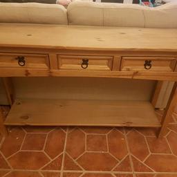 Reluctant sale as items don't fit in new house.

Good condition with very slight minor marks - has been reflected in price. From a smoke free and pet free home. Shelving at bottom and 3 drawers. Also selling a large matching sideboard and tv unit.

Measurements:
Length - 126cm
Height - 73cm
Depth- 34.5 cm