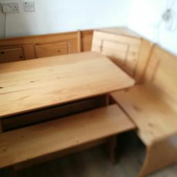 Good condition. 
Collection only from Kirkby Lonsdale

The table is approx H 73cms, L 109cms, W 65cms, 

Bench is, H 43cms, W 102, Depth 28cms

The size of the corner bench approx is, 
H 85cms, W 161cms, Depth 123cms
