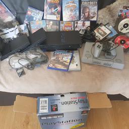 Huge bundle 

3 tested ps2 consoles 
1 tested ps1 console 
1 tested ps1 controller 
6 untested ps2 controllers 
Loads of leads 
Loads of games 
Memory cards
Ps1 box

Grab a bargain now