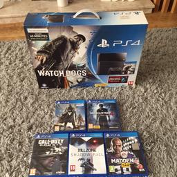 PS4 console with 5 games & 1 controller, games included are as in the photo's, with Uncharted 4 still in new sealed packaging having never been played, comes with all wires (AC power cable, HDMI cable, USB controller cable, and PlayStation earphone with microphone) Sorry I can't post, would be collection only. Excellent condition, selling as after starting a family I just don't have the time to play it anymore. Any questions please ask! Please note the console does not come with Watchdogs.