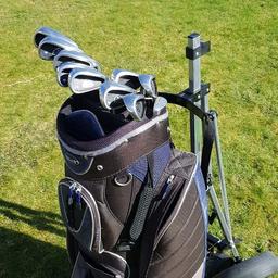 A SELECTION OF CLUBS HOWSON GBH10.5 DRIVER WILSON NO3 15.5.WILSON NO5.20.5 PING G2.14 CALLAWAY NO7 27 LOFT 7IRON T5 TRILOGY .JOHN LETTETS CARBON FIBRE SHAFTS. AND BAG & TROLLEY ONO