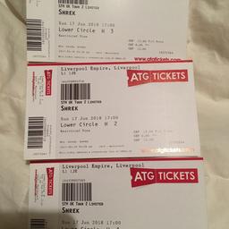 £12 each exactly what I paid for them but can’t go now unfortunately.
5.00 show lower circle row H seats 1, 2 and 3.
Tickets in hand