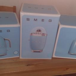 Light blue, lovely smeg kettle, toaster and juicer set. Brand new, never been used. Unopened.

Kettle £90
Toaster £90
Juicer  £90

Although I'd prefer to sell toaster and kettle as a set £160 Or all 3 for £250