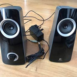 Great pair of Logitech speakers! Kept in good quality and they produce a great sound as well. Plug them in for power (power cable included) and then insert the headphone jack into laptop/tv for sound. Sound control on speakers as well.