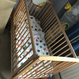 Lovely wooden cot in great condition. With barely used mamas and papas mattress. Baby mostly coslept so it’s like new. Looking for £40.