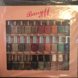 30 Barry M Nail Polishes including 3 glitter polishes, 4 molten metal polishes, 10 gelly polishes, 10 coconut infusion polishes, base coat, top coat and matte top coat.