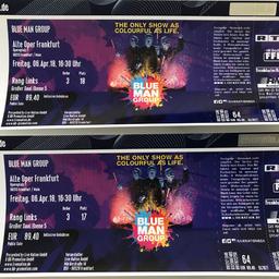 Hallo,

Ich verkaufe zwei Tickets für die Blue Man Group für den 06. April 2018 in Frankfurt in der alten Oper. Die Sitzplätze sind ziemlich gut. Es ist im großen Saal Ebene 5, Reihe 3 Platz 17 und 18, ihr könnt also nebeneinander sitzen und die Blue Man Group zusammen erleben. 
Die Karten verschicke ich auch gern und akzeptiere die Zahlung per PayPal. 

LG Michel