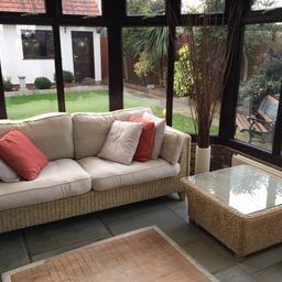Sofa, chair and table, perfect for conservatory. Very good quality and condition however cushions might need wash/replacing. It's not an outdoor furniture.