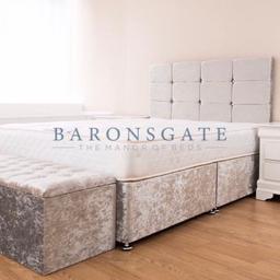 Crushed velvet divan set includes 10 inches mattress and free 24 inches matching diamanté headboard. Available in silver, colours grey, black, champagne and truffle. Starting from £149 a set All sizes available.
Ottoman box £69
Visit us at Baronsgate 5 picton road, L154ld,
Or call 07852802818
Free local delivery