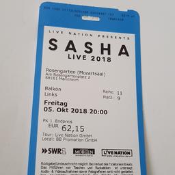 Konzertkarte Sasha Tour Schlüsselkind 2018 am 05.10 in Mannheim. Sitzplatz. Original Preis 62,15 €.  Balkon links Reihe 11 Platz 9. Versand gegen Aufpreis möglich.