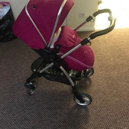 Good condition. Has a few scratches on the frame. Used for 7 months. Comes with carry cot, seat, car seat (purple), car seat adaptors and base. Also comes with reversal pink / purple liner and matching baby bag with changing mat