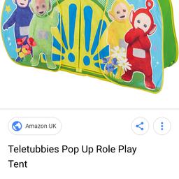 Teletubbie pop up tent only played with 3-4 times.
One half of the poles is missing, but easily solved using an alternative. However it doesnt affect putting the tent up really still works lovely.

My boy just isint that keen, will be great for shade in this weather.

Collection whitehawk