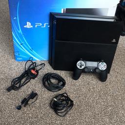 Good condition PlayStation 4 console in Black with original box and all accessories.
-500gb hard drive
-Wireless controller (includes micro usb charging cable)
-Power cable
-Hdmi lead
-Unused original headset 

Perfect working order and well looked after, from a smoke free home. Selling due to upgrade.
