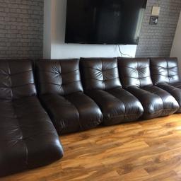 5 piece brown leather corner sofa. On the chaise there is a mark that looks slightly discoloured (see pic) other than that in fab condition. On one of the chairs there are a few scuff marks, 100% leather.