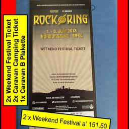 Ich biete
2x Rock am Ring Festival Tickets 2018
2x Caravan Camping Tickets und eine Plakette
für die B Zone ( beste Plätze, lange ausverkauft )

Paypal möglich, versicherter Versand
oder Abholung möglich
